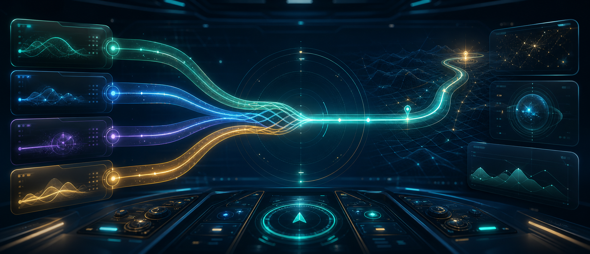 Glowing interface streams blending into a guided route for the BlendPilot project visual