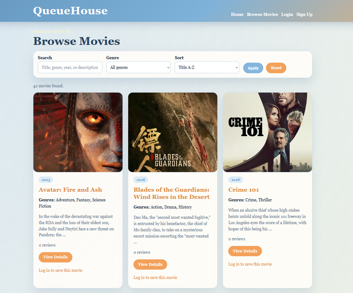 QueueHouse browse movies page showing search filters and movie cards