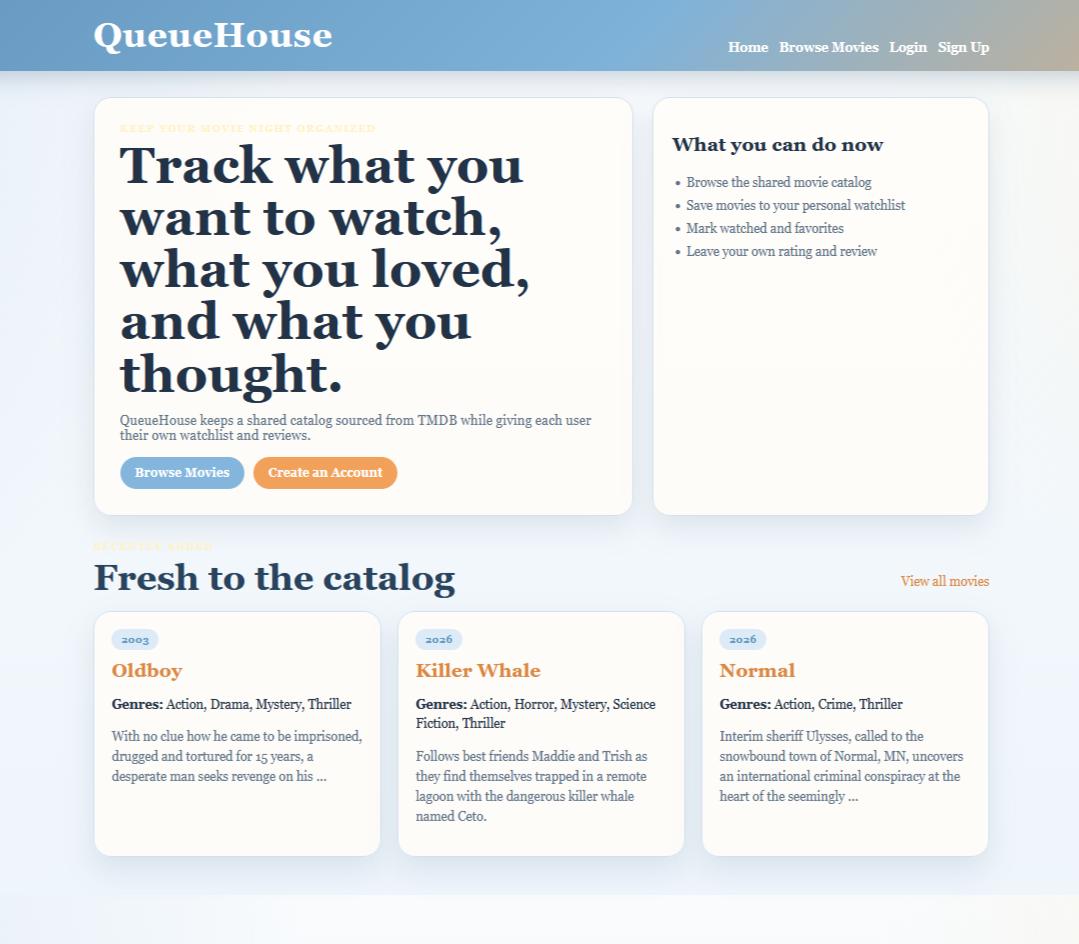 QueueHouse home page showing movie night organization and recently added movies
